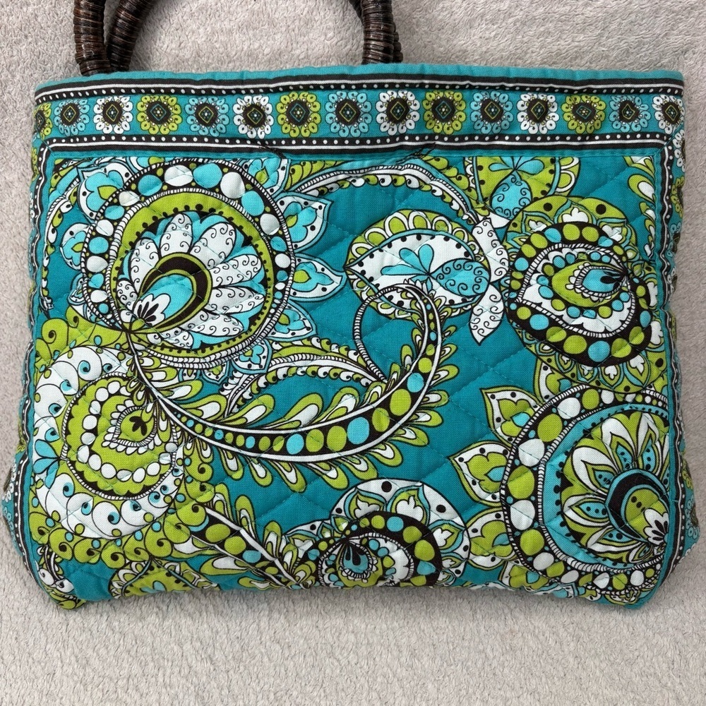 Vera Bradley Quilted Purse Wrapped Wooden Handle Green/Blue/Brown Resort Casual - Picture 4 of 13